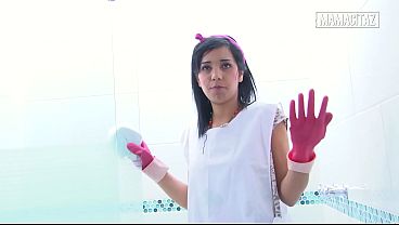 Hotel Maid In Tight Rubber Gloves Bends Over, Scrubbing The Shower While Her Skirt Rides Up
